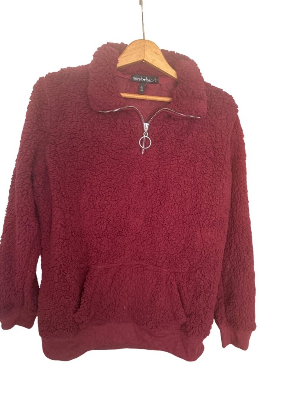 Derek Heart Burgundy Sherpa Fleece Quarter Zip Pullover Mock Neck Kangaroo Pkt L